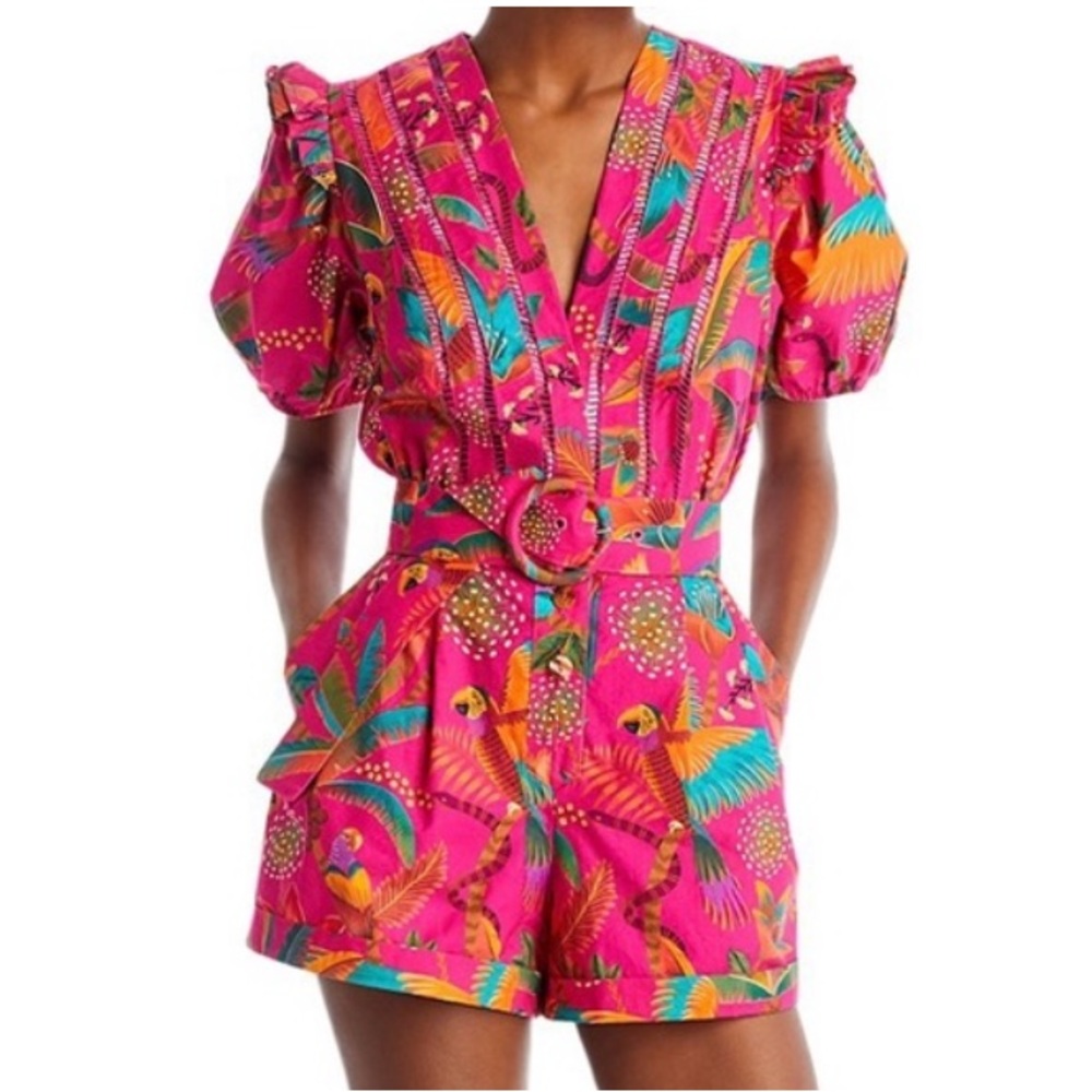 Farm Rio Macaw Belted Puff Sleeve Romper